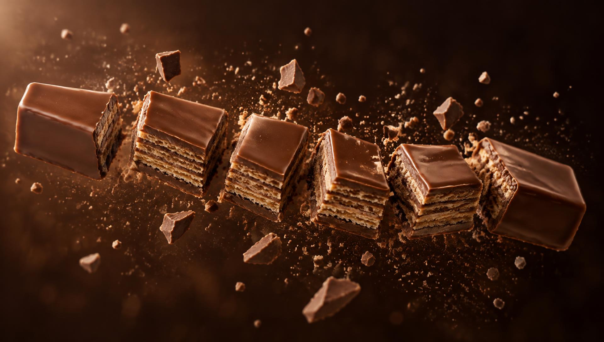 A chocolate wafer bar breaking into six pieces