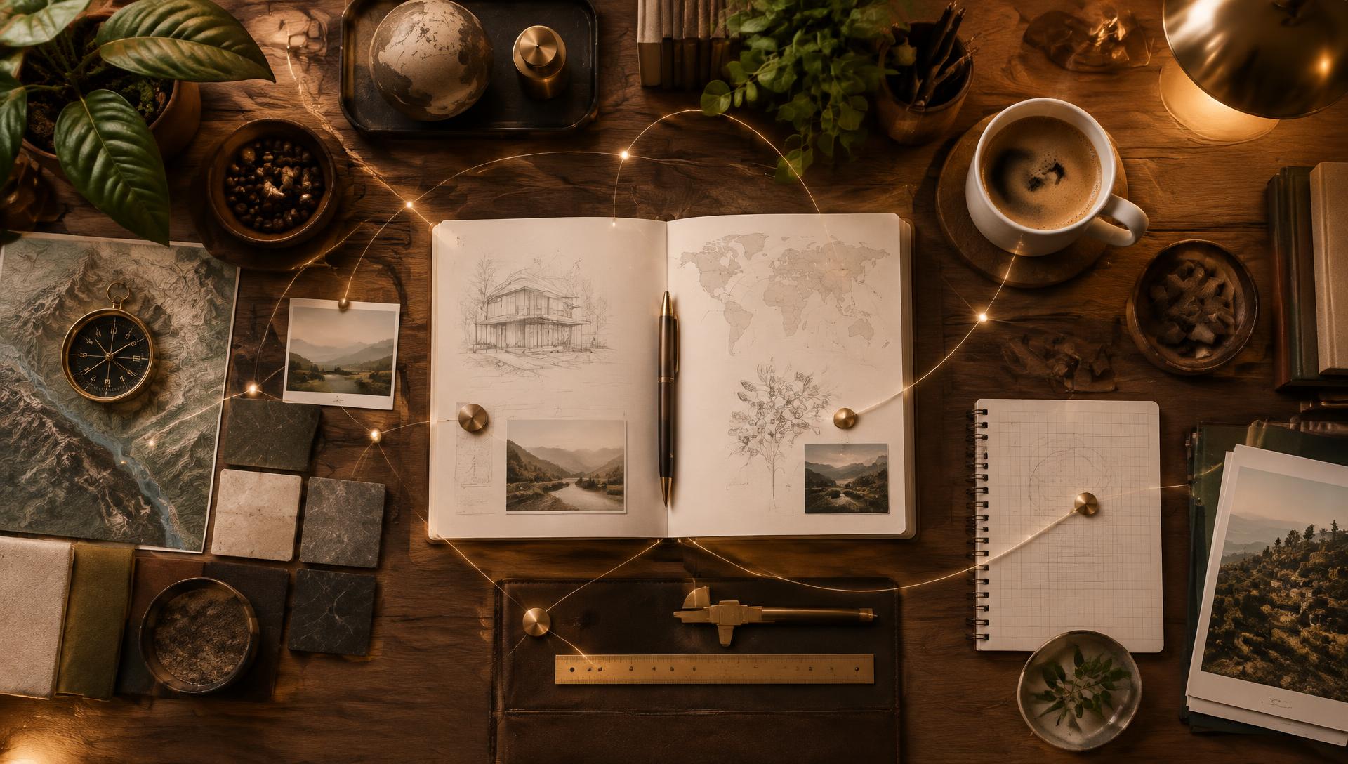 A warm workspace connected by delicate lines of light
